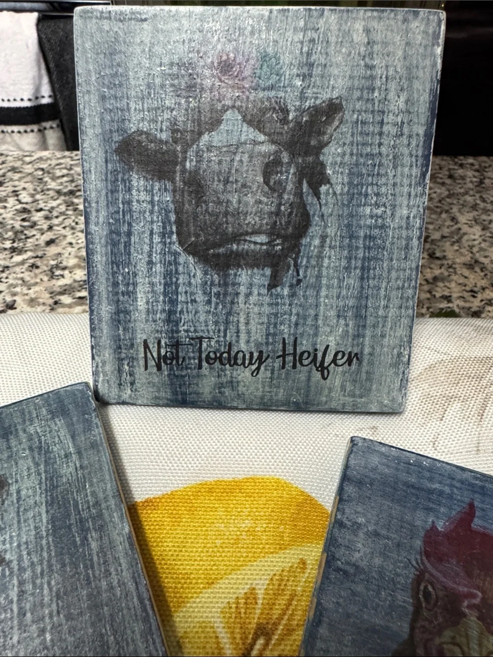 Not Today Pecker Rooster /Not today Heifer Handmade Coasters Set of 4- Blue